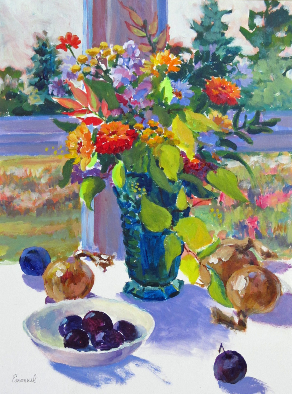 Still Life with Zinnias Plums