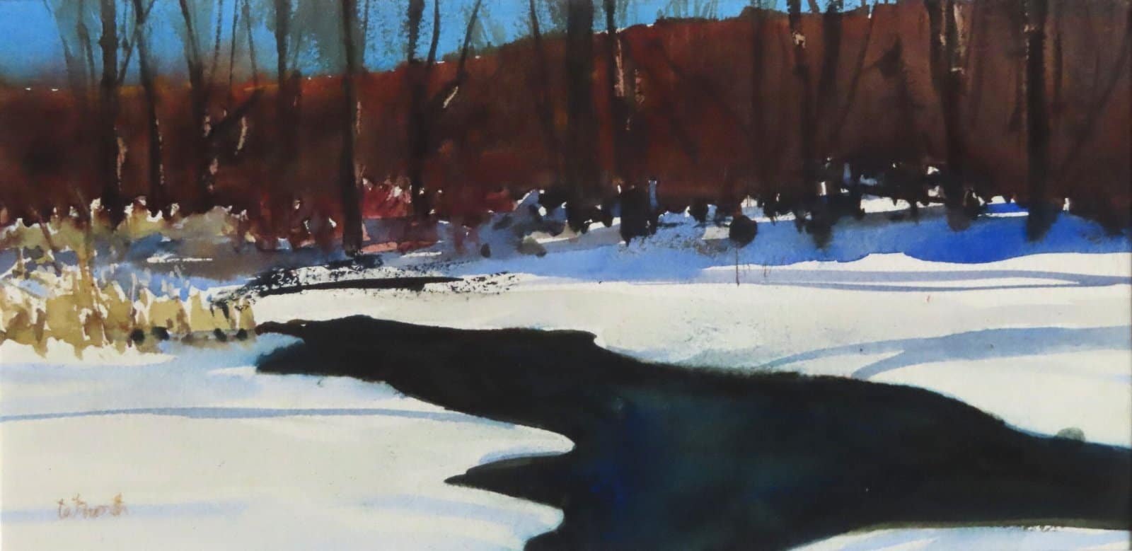 Bright sun on snow, a peek of blue sky and violet blue shadows, with a dark stream. in the foreground.